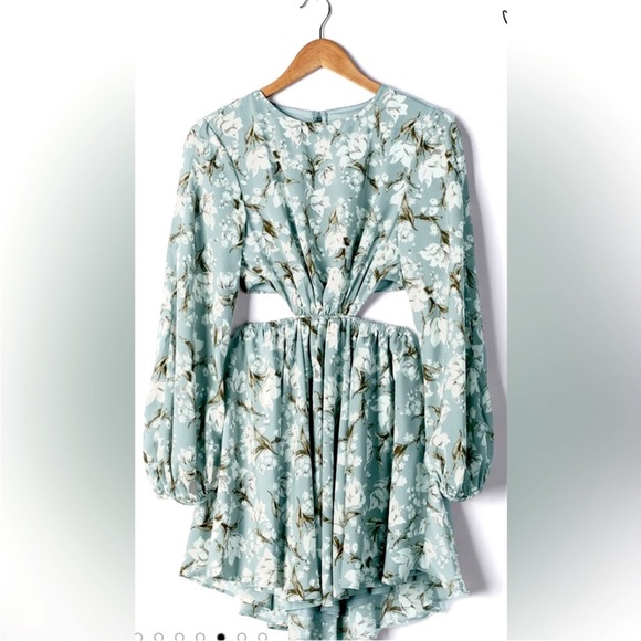 NWT Lulus First Blooms Dusty Blue Floral Print Long Sleeve Cutout Dress XL Mini - Picture 8 of 11
